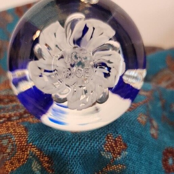 Joe Rice St Clair Blown Glass Bell Blue White Flower 2016 Paperweight 4.25" - Picture 4 of 6